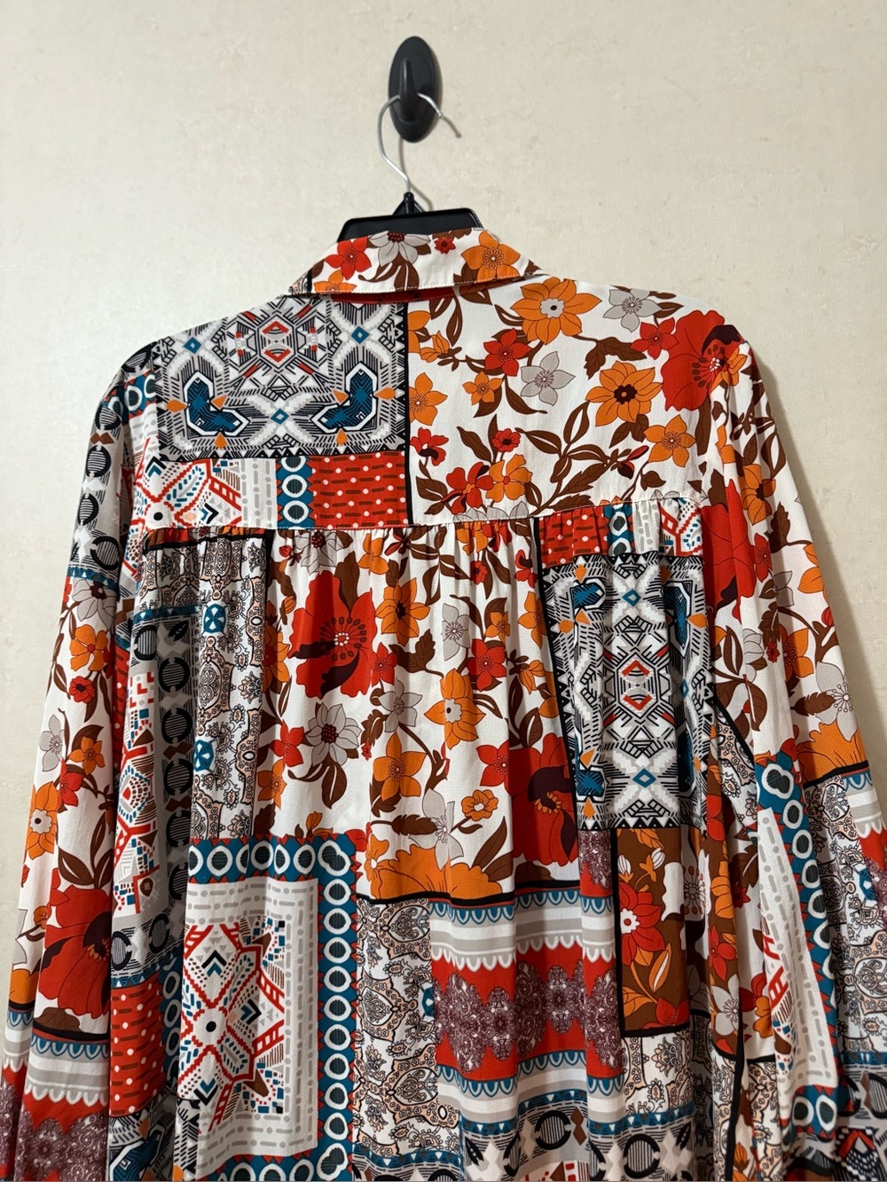 Boho Patchwork Floral Button Front Shirt Dress Tunic L/XL